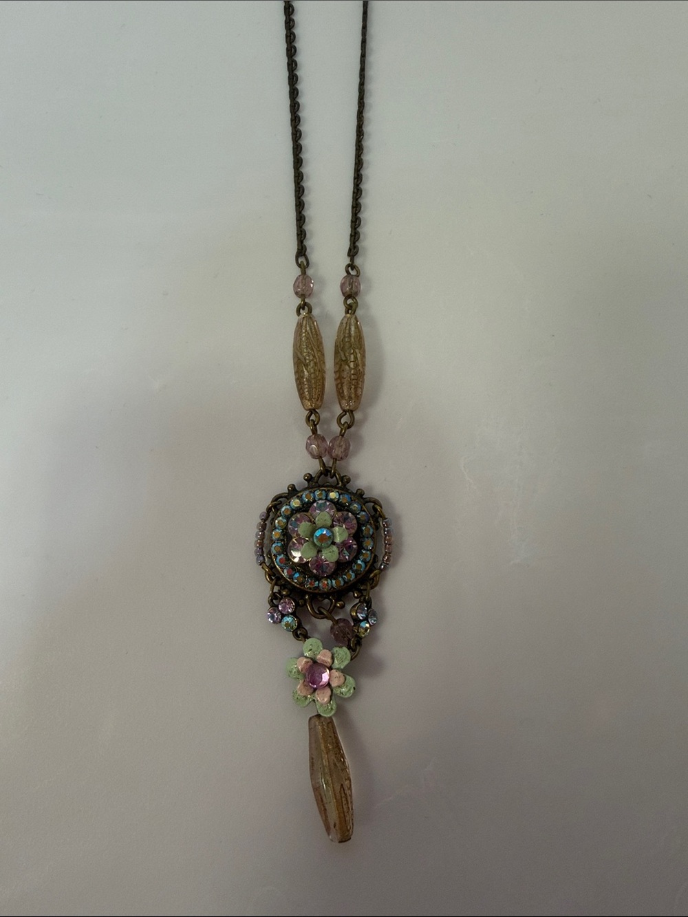 Michal Negrin vintage Pastel Flower Pendant Necklace - Pink, Green & Gold
